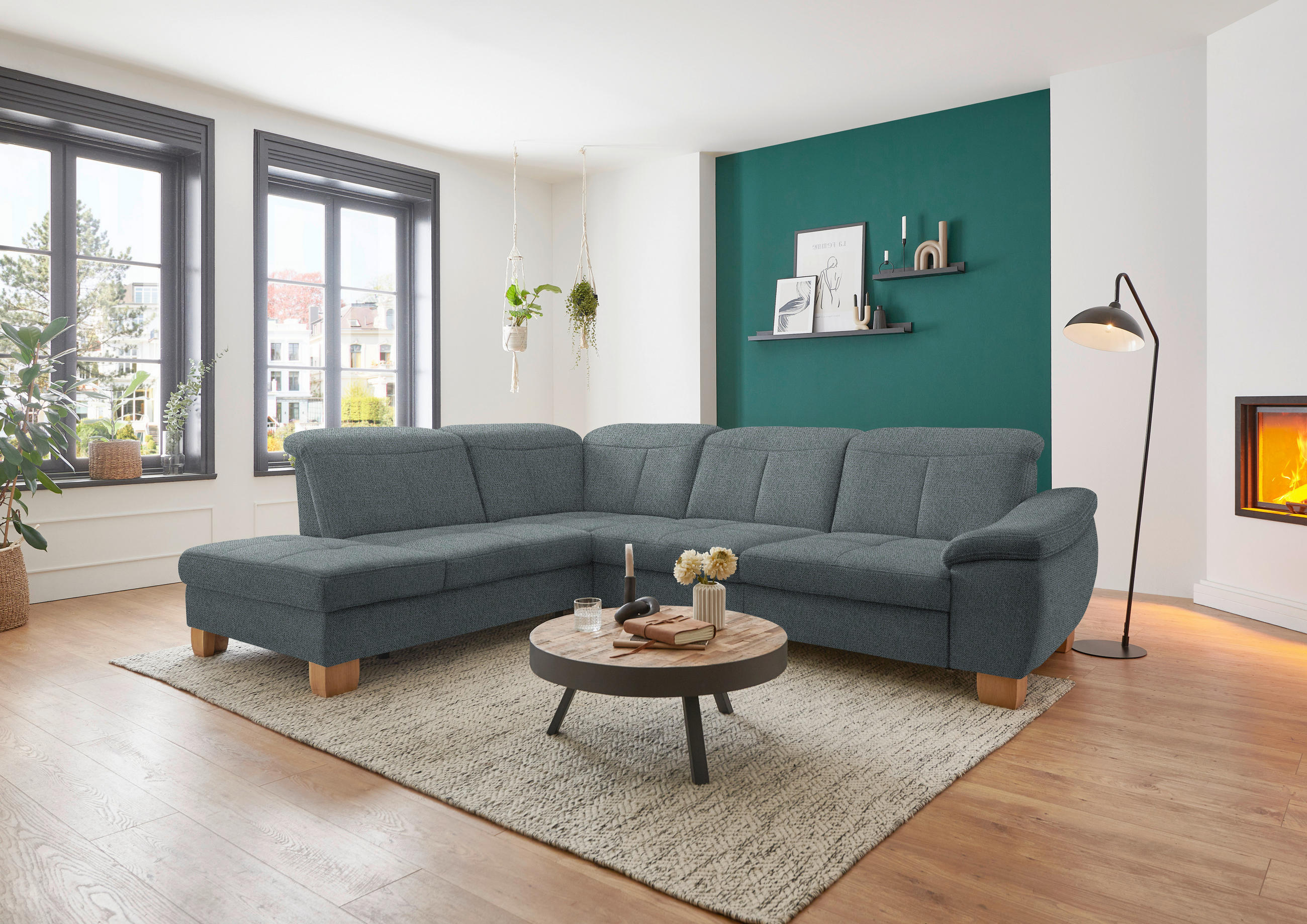 ECKSOFA  in Flachgewebe Blaugrau  243/301 cm  - Wildeiche/Blaugrau, Natur, Holz/Textil (243/301cm) - Voleo