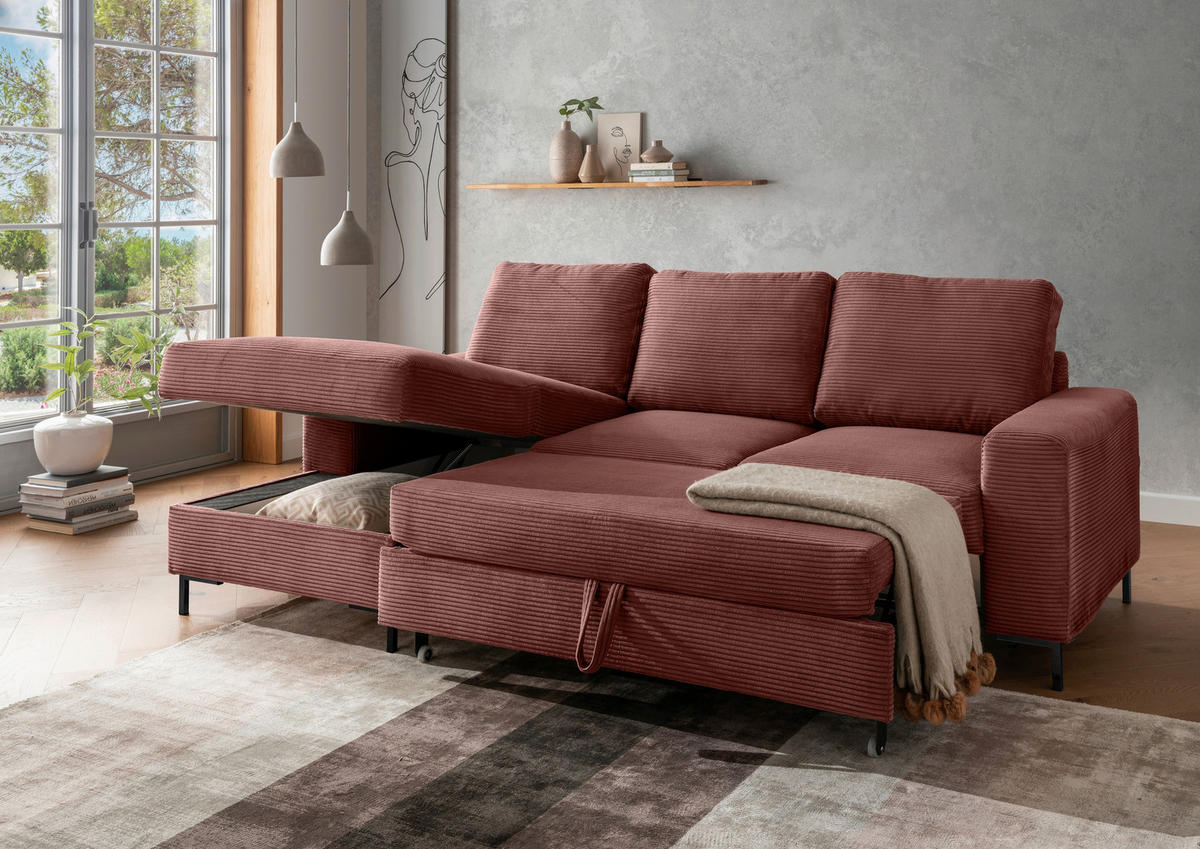 ECKSCHLAFSOFA  mit Rücken echt Cord Koralle  - Koralle/Schwarz, KONVENTIONELL, Textil/Metall (143/237cm) - Livetastic