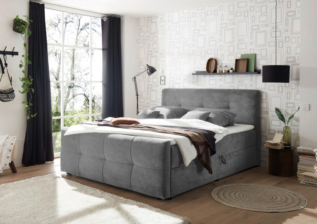 BOXBETT 160/200 cm,  in Dunkelgrau, gepolstertes Kopfteil, Bettkasten, Topper, H2 + H2 = mittel  - Dunkelgrau, MODERN, Kunststoff/Textil (160/200cm) - MID.YOU