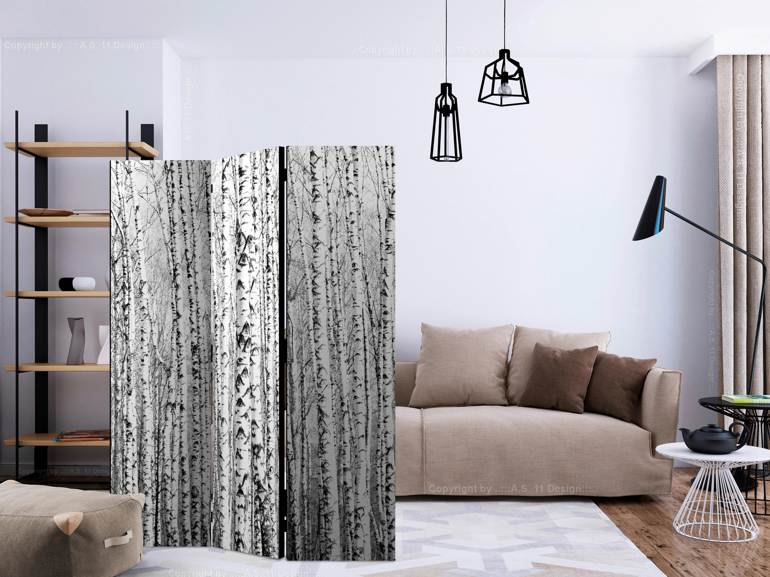 PARAVENT mit 3  Flügel - Schwarz/Weiß, Basics, Holz/Textil (135/172/3cm) - artgeist