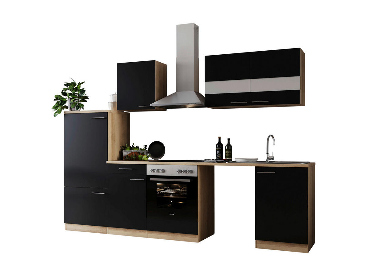 KÜCHENBLOCK 280 cm   in Schwarz  - Edelstahlfarben/Eichefarben, Basics, Glas/Holzwerkstoff (280cm) - Respekta