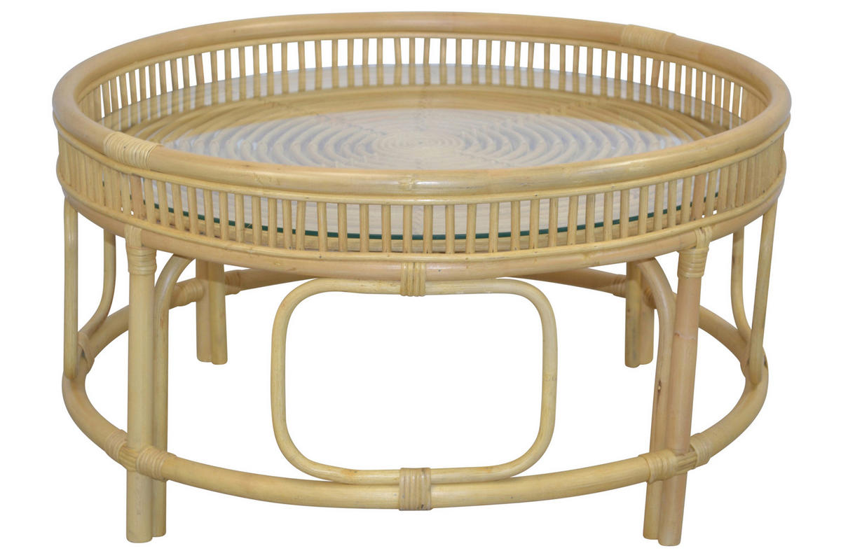 COUCHTISCH Rattan massiv Sicherheitsglas 75/75/41 cm rund Beige  - Beige, Design, Glas/Holz (75/75/41cm) - MID.YOU