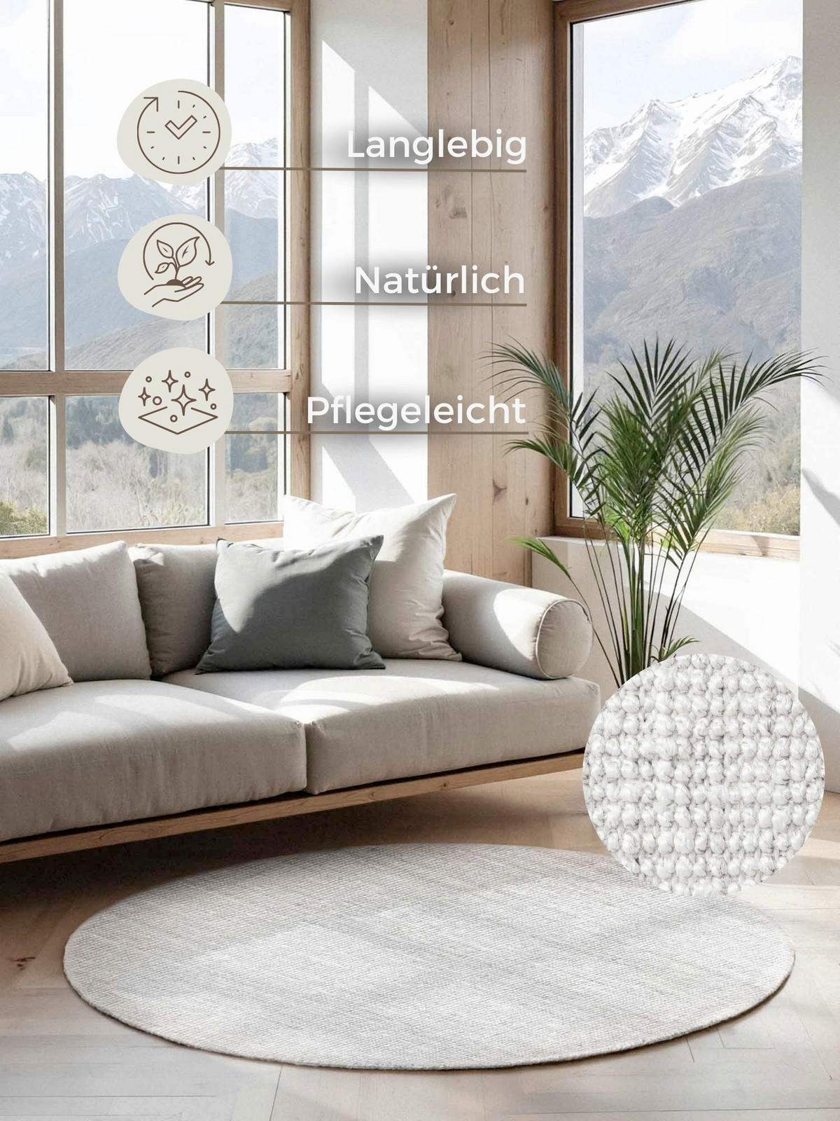 JUTETEPPICH 160 cm Bouclé Weiß rund  - Weiß, Basics, Textil (160cm) - Hanse Home