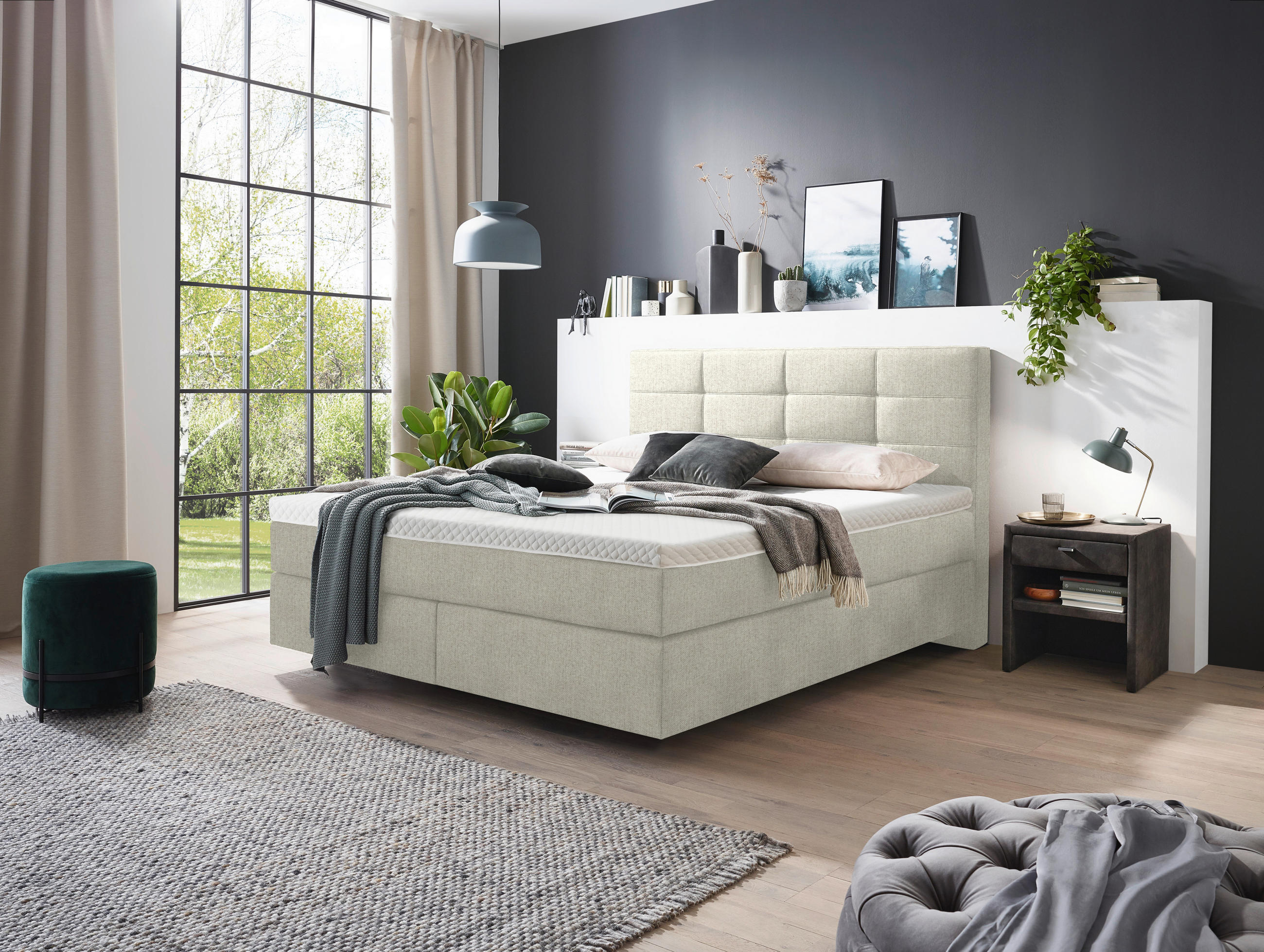 Thumbnail - Voleo Boxspringbett, Creme, Textil, H3 + H4, 7-Zonen, Höhe ca. 18 cm, 200x200 cm, Über- und Sondergrößen erhältlich, gep...