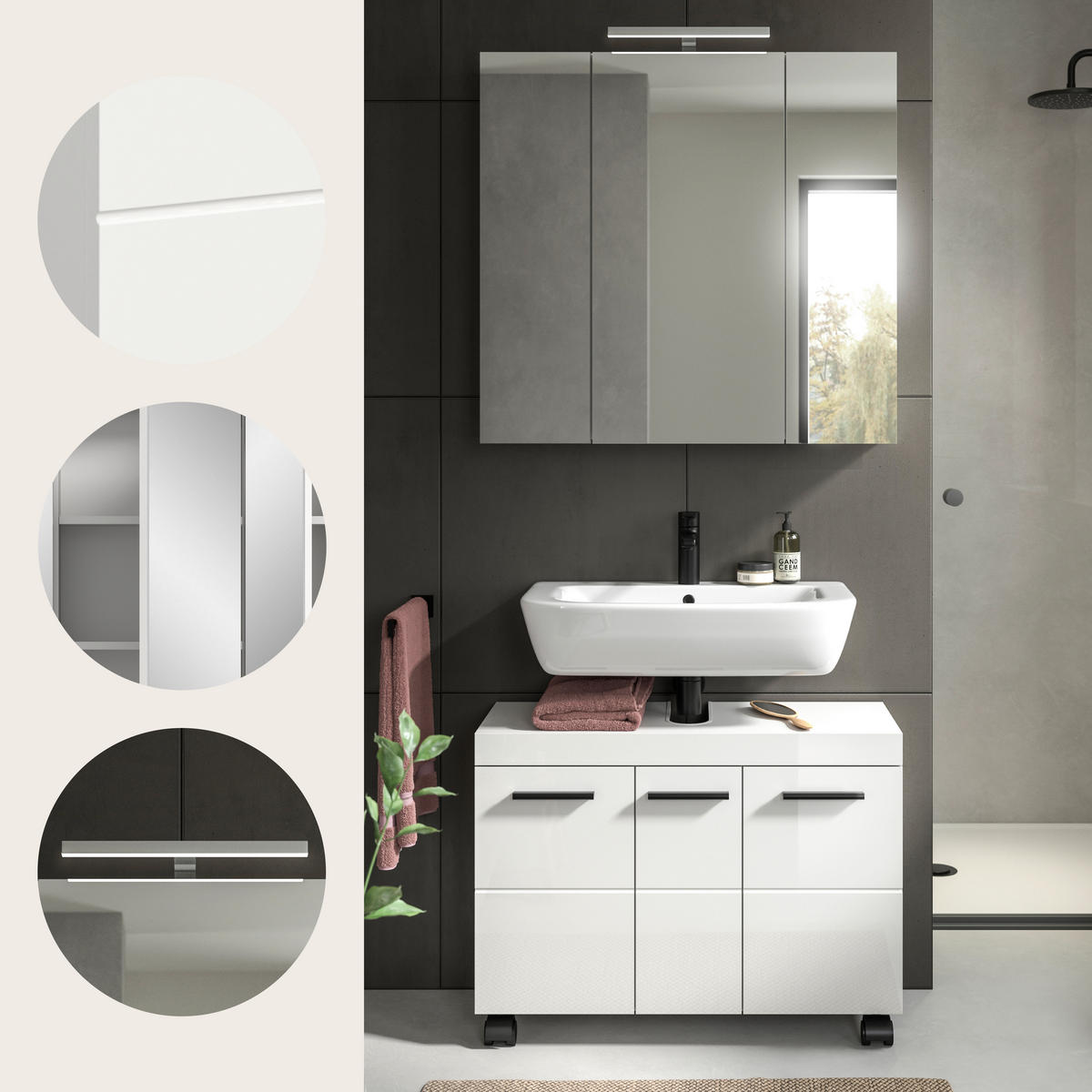 BADEZIMMER 2-teilig  in 82 cm  - Weiß Hochglanz/Schwarz, Trend, Glas/Holzwerkstoff (82cm) - MID.YOU