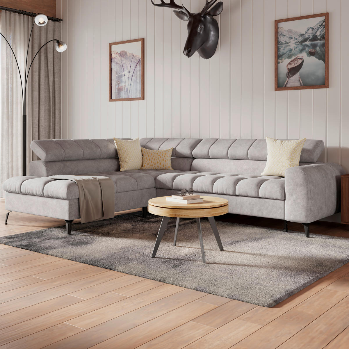 ECKSOFA VOLF Hellgrau Flachgewebe  - Hellgrau/Schwarz, Trend, Kunststoff/Textil (203/261cm) - Livetastic