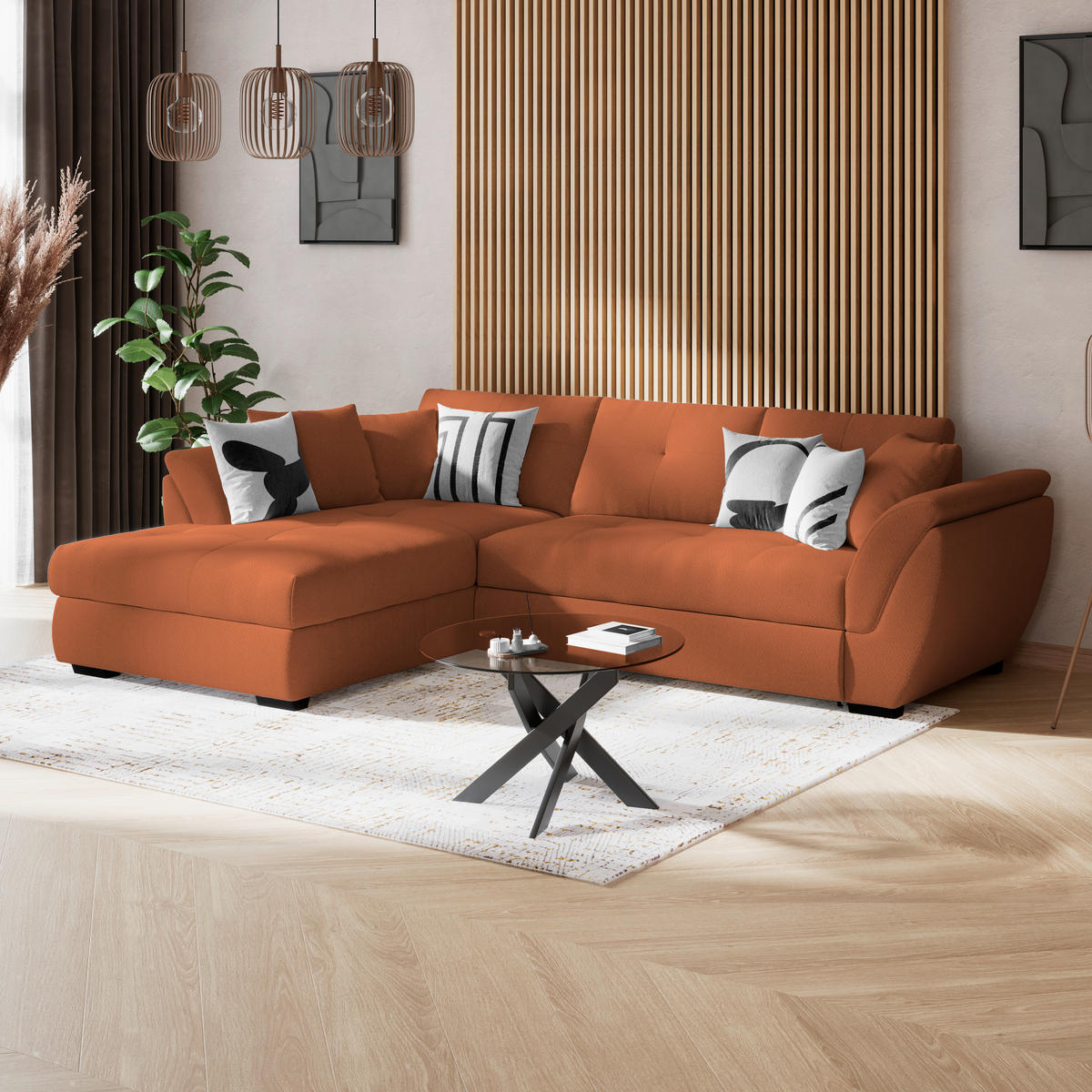 ECKSOFA Terracotta Zierkissen, Bettkasten, Schlaffunktion, Rücken echt  - Terracotta/Schwarz, KONVENTIONELL, Kunststoff/Textil (187/278cm) - MID.YOU