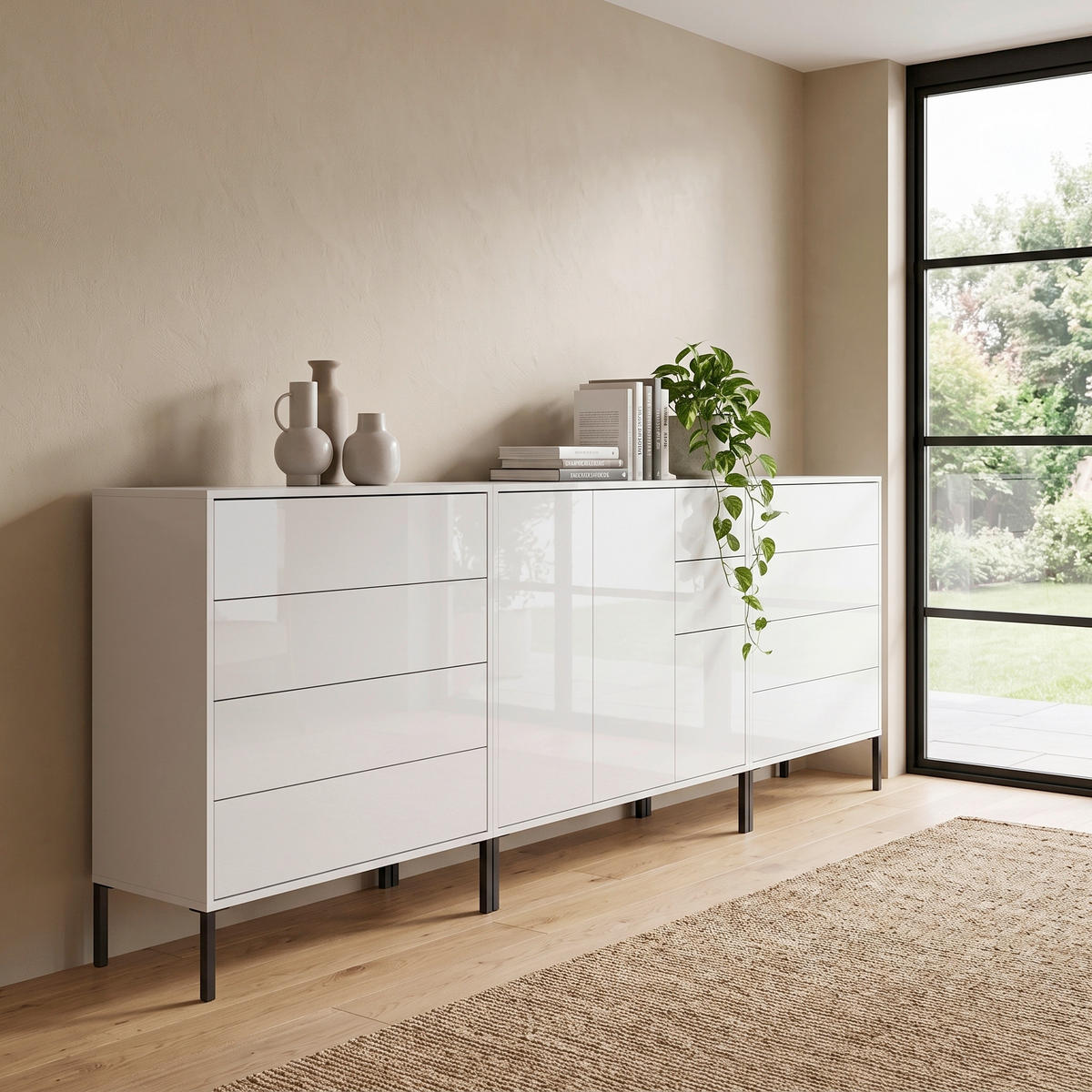 SIDEBOARD Mailand Set 8 + MF 263,5/86/33 cm 10 Schublade(n)  - Weiß Hochglanz/Anthrazit, MODERN, Holzwerkstoff/Metall (263,5/86/33cm) - MID.YOU