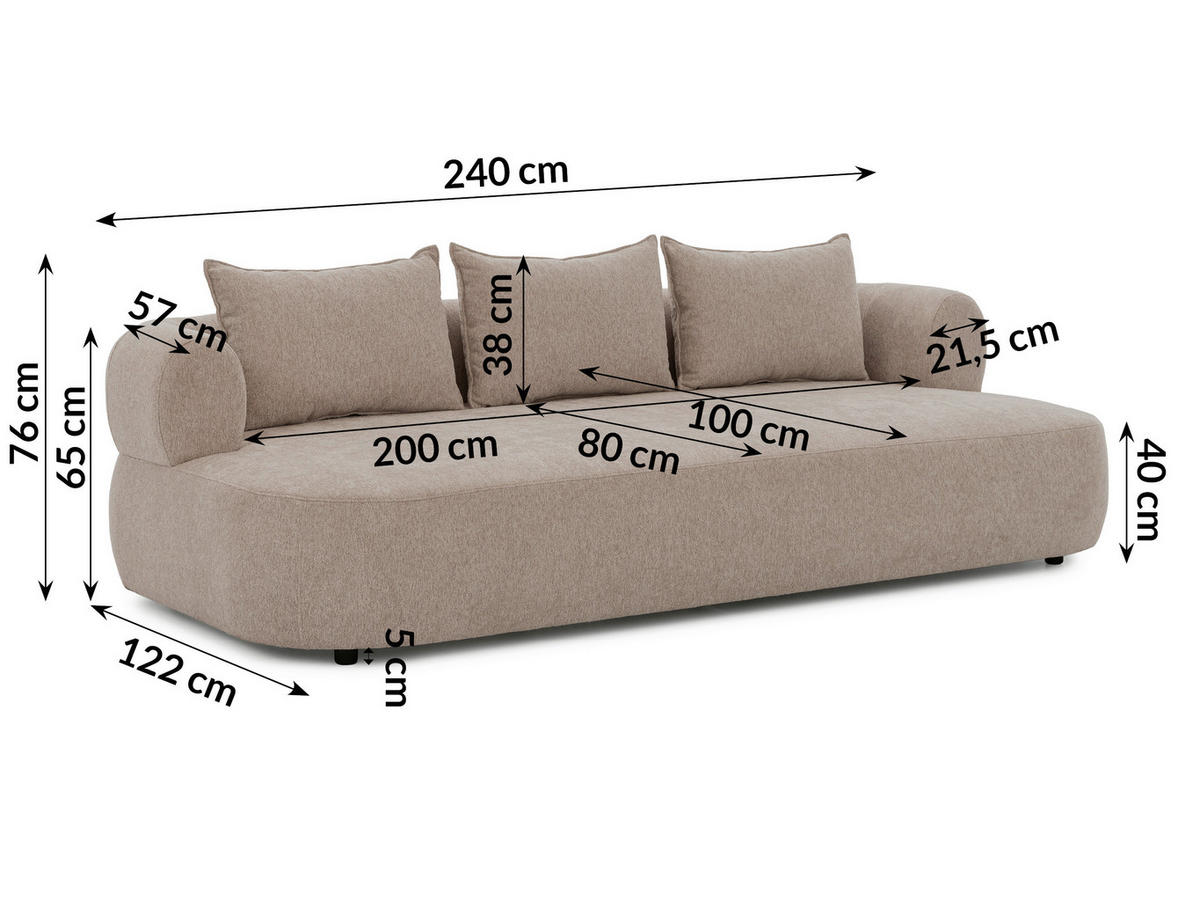 BIGSOFA in Chenille Hellbraun  - Hellbraun/Schwarz, Design, Kunststoff/Textil (240/76/122cm) - Livetastic