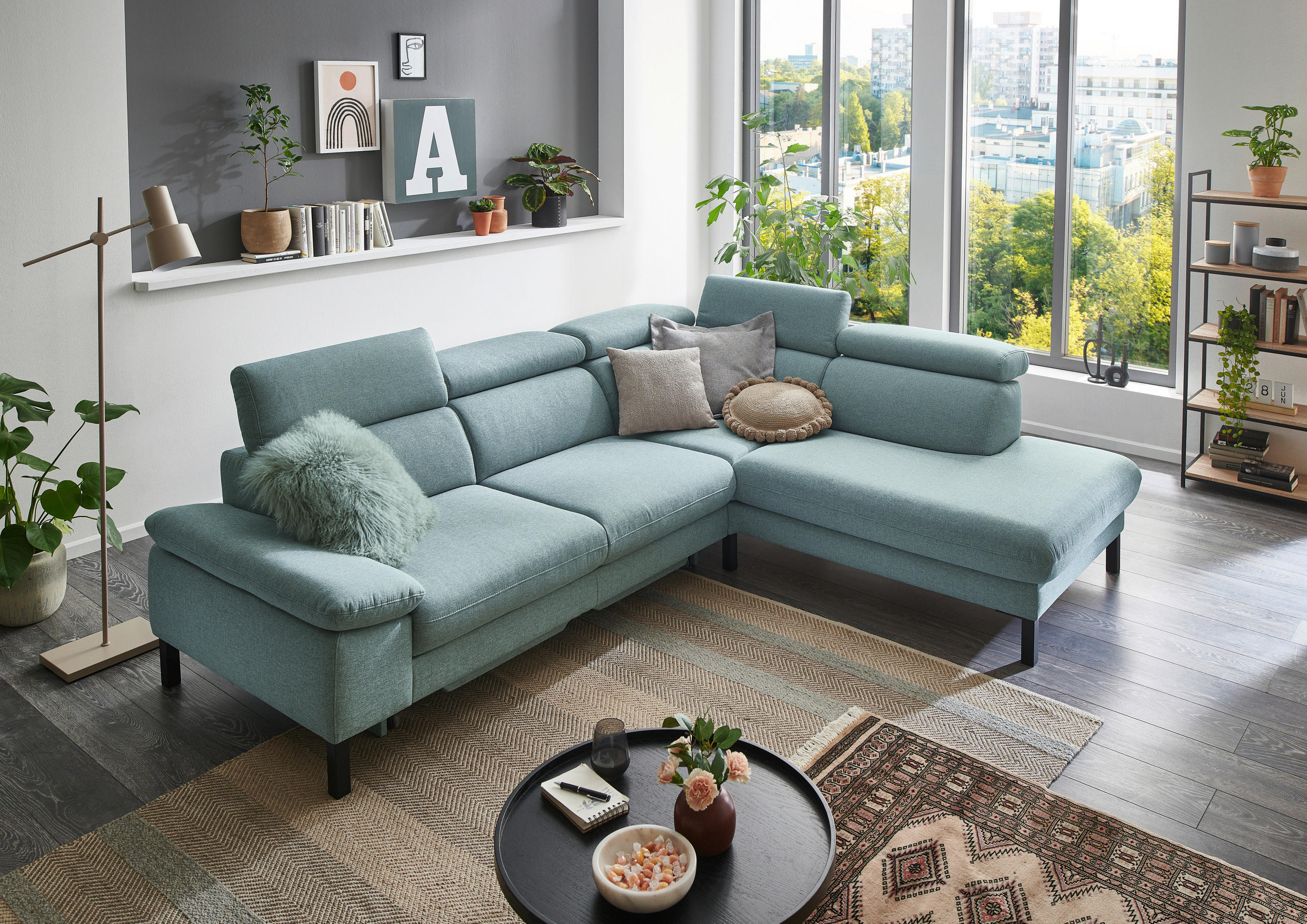 SJEDEĆA GARNITURA drvo, tekstil, drvni materijal  tirkizna, plavkastosiva   - tirkizna/plavkastosiva, Moderno, drvni materijal/drvo (272/217cm) - Pure Home Comfort