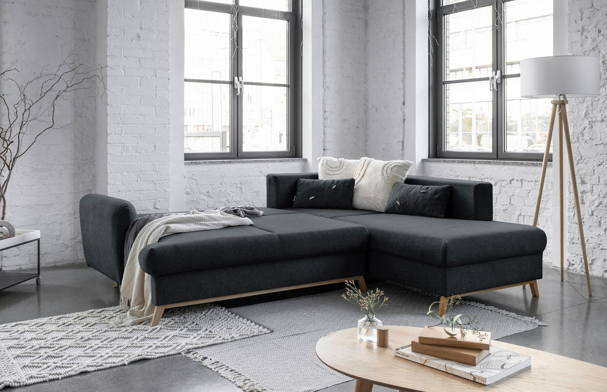 ECKSOFA in Chenille Dunkelgrau  242/202 cm  - Dunkelgrau/Naturfarben, Holz/Textil (242/202cm) - MID.YOU