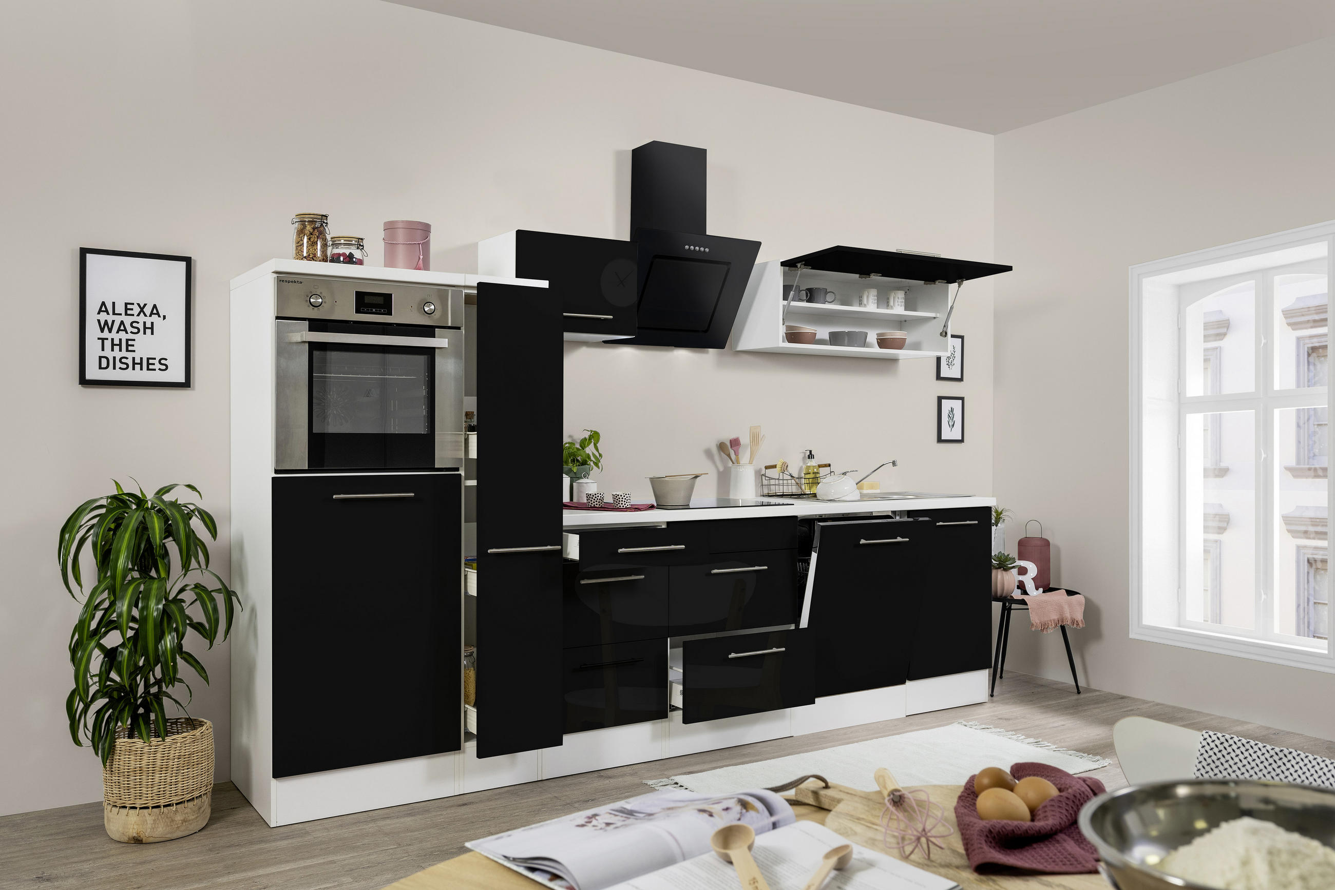 KÜCHENBLOCK 310 cm   in Schwarz, Weiß  - Edelstahlfarben/Schwarz, KONVENTIONELL, Holzwerkstoff/Metall (310cm) - Respekta