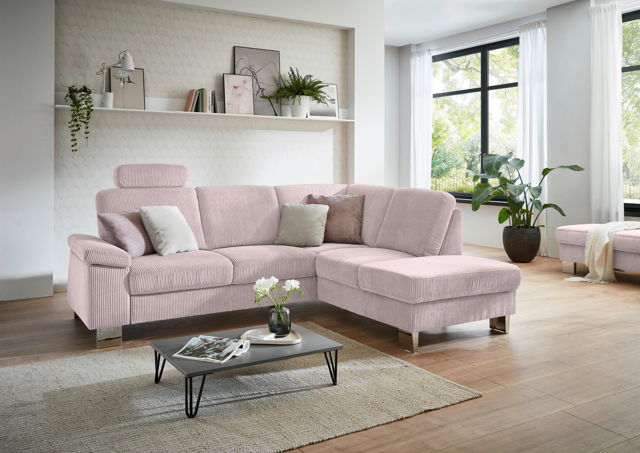 ECKSOFA in Cord Altrosa  - Edelstahlfarben/Altrosa, Konventionell, Textil/Metall (248/200cm) - Beldomo System