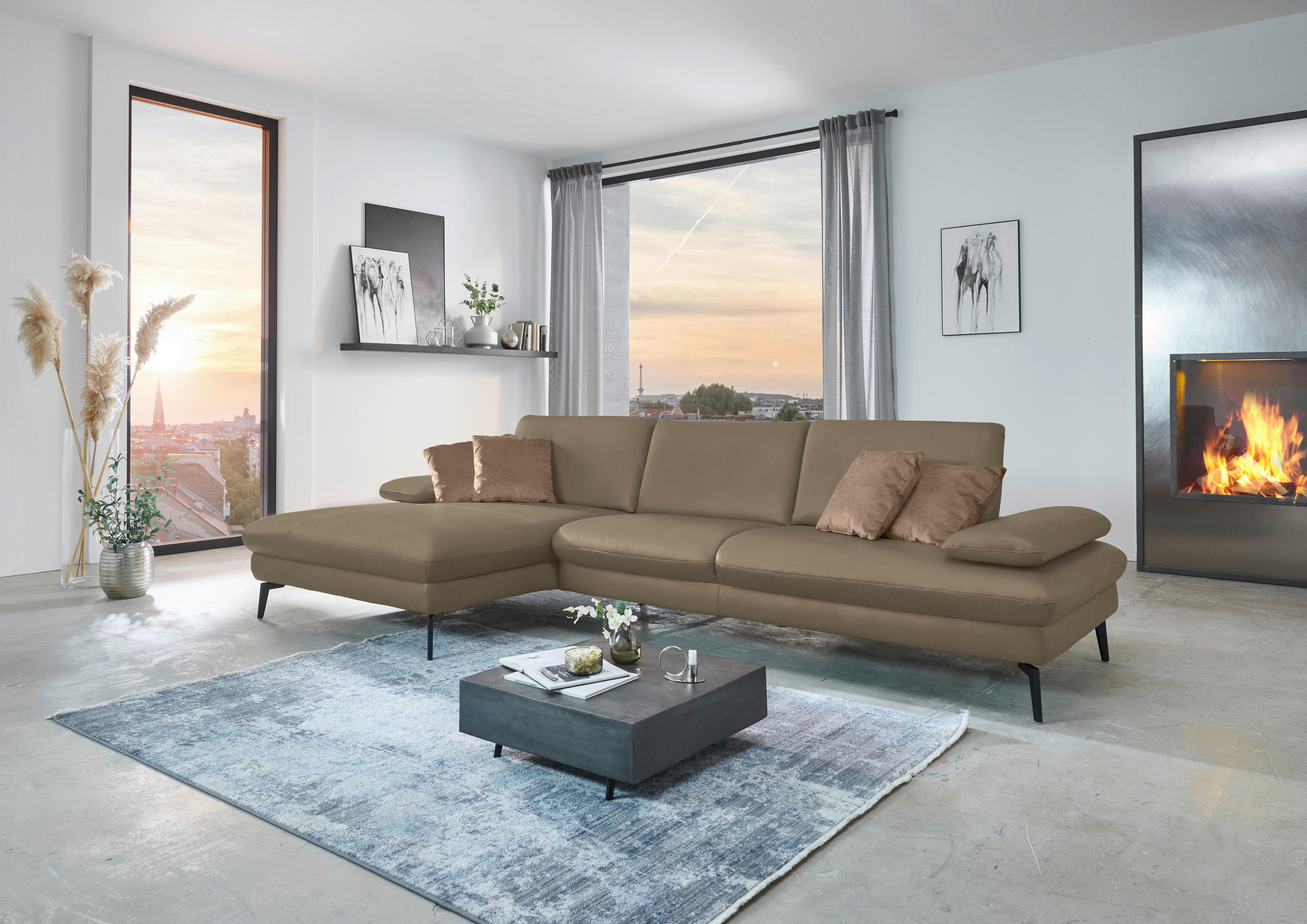 ECKSOFA in Echtleder Hellbraun  - Hellbraun/Schwarz, Design, Leder/Metall (157/325cm) - Dieter Knoll