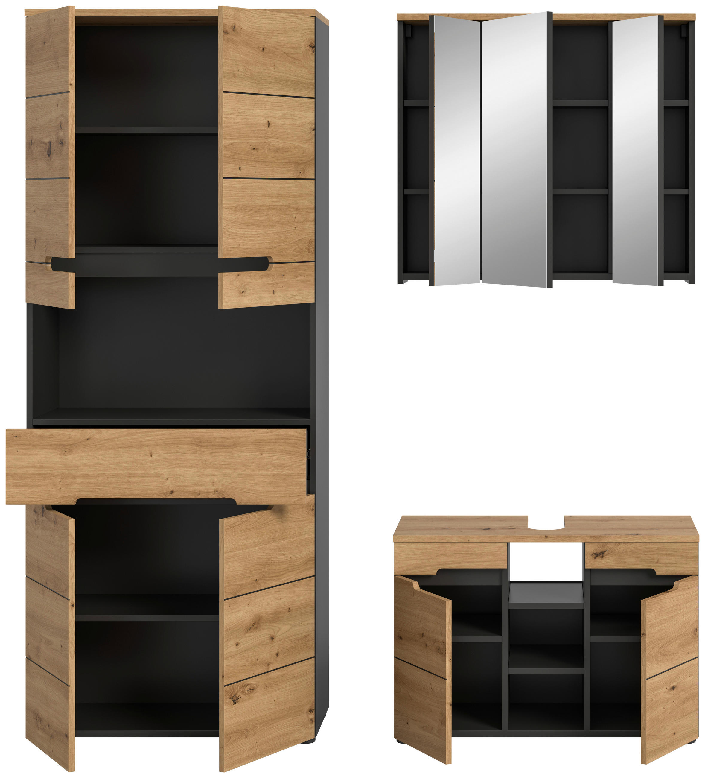 Thumbnail - Mid.you Badezimmer, Eiche Artisan, Glas, Holzwerkstoff, 3-teilig, 12 Fächer, 1 Schublade(n) Schubladen, 156 cm, FSC Mix,...