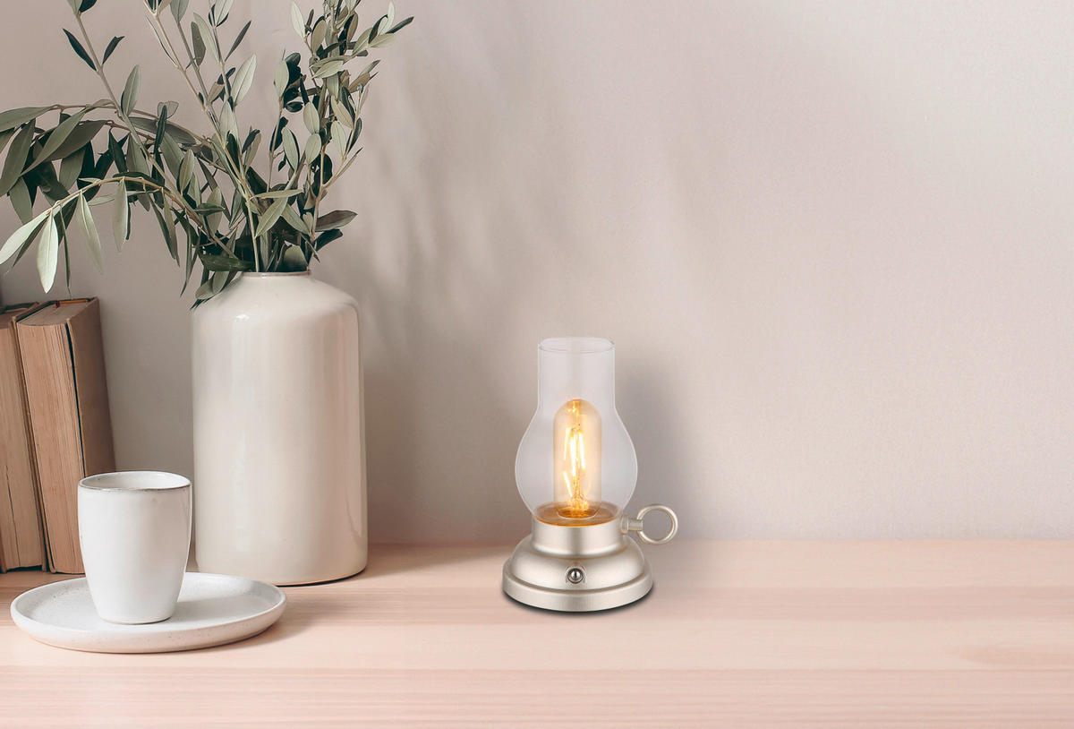 LED ASZTALI LÁMPA - Pezsgő/borostyánszínű, Basics, műanyag/Üveg (12.5/10.7/17.5cm)
