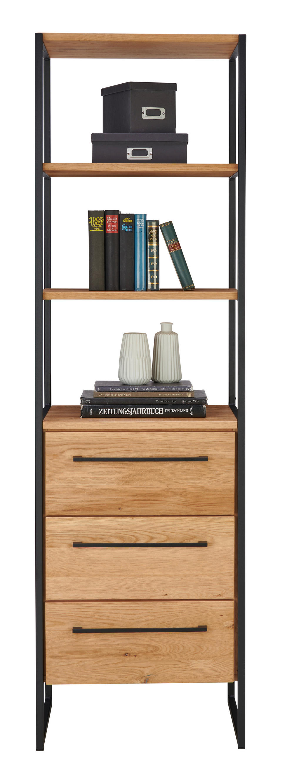 REGAL Eiche massiv Schwarz, Eichefarben  - Eichefarben/Schwarz, Design, Holz/Metall (55/190/44cm) - Lomoco