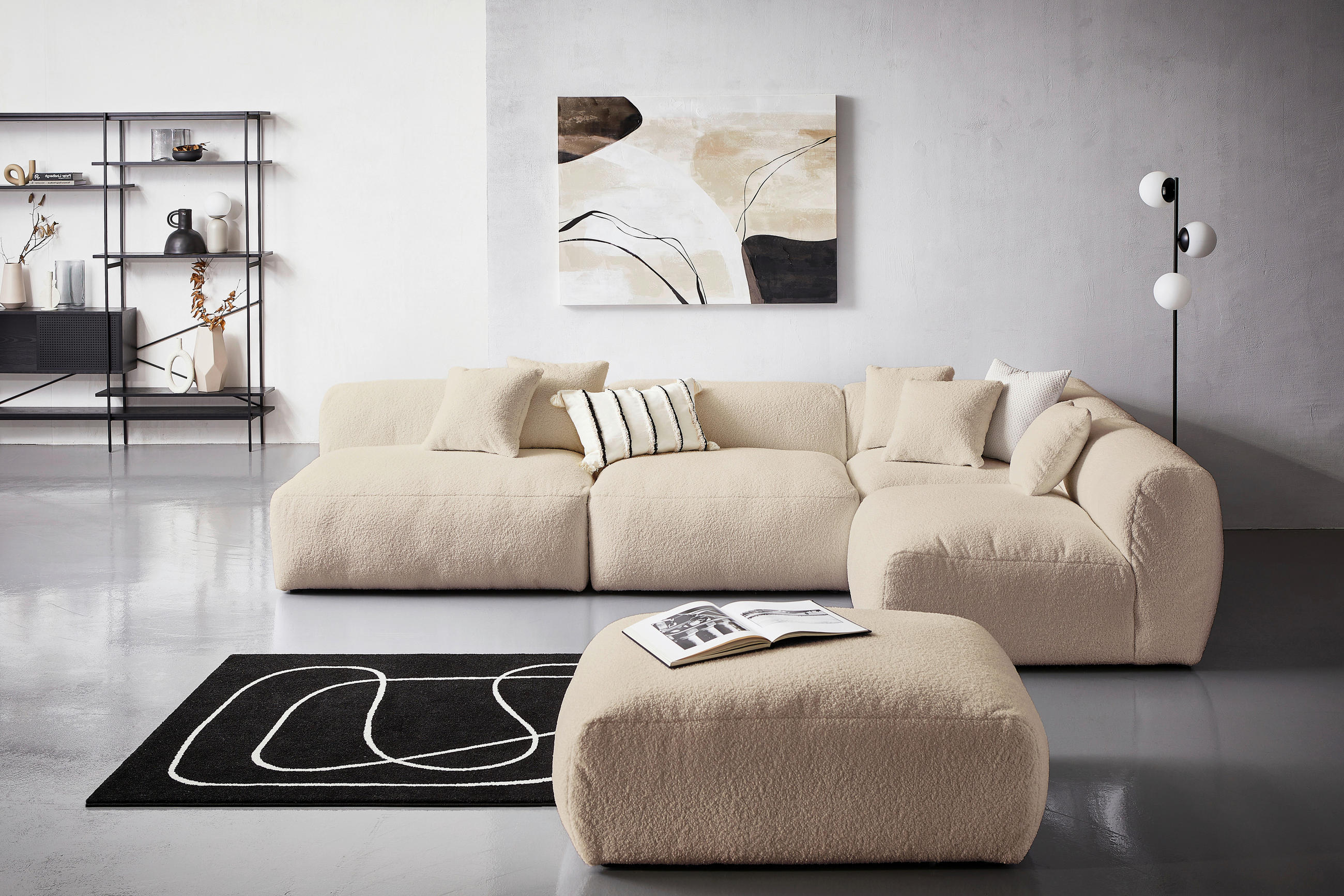 ECKSOFA inkl. Hocker in Flachgewebe, Teddystoff Beige  - Beige, Trend, Textil (315/235cm) - Livetastic