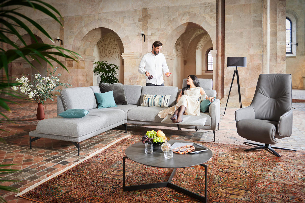 ECKSOFA in Flachgewebe Blaugrau  - Anthrazit/Blaugrau, Design, Textil/Metall (229/253cm) - Johann Jakob