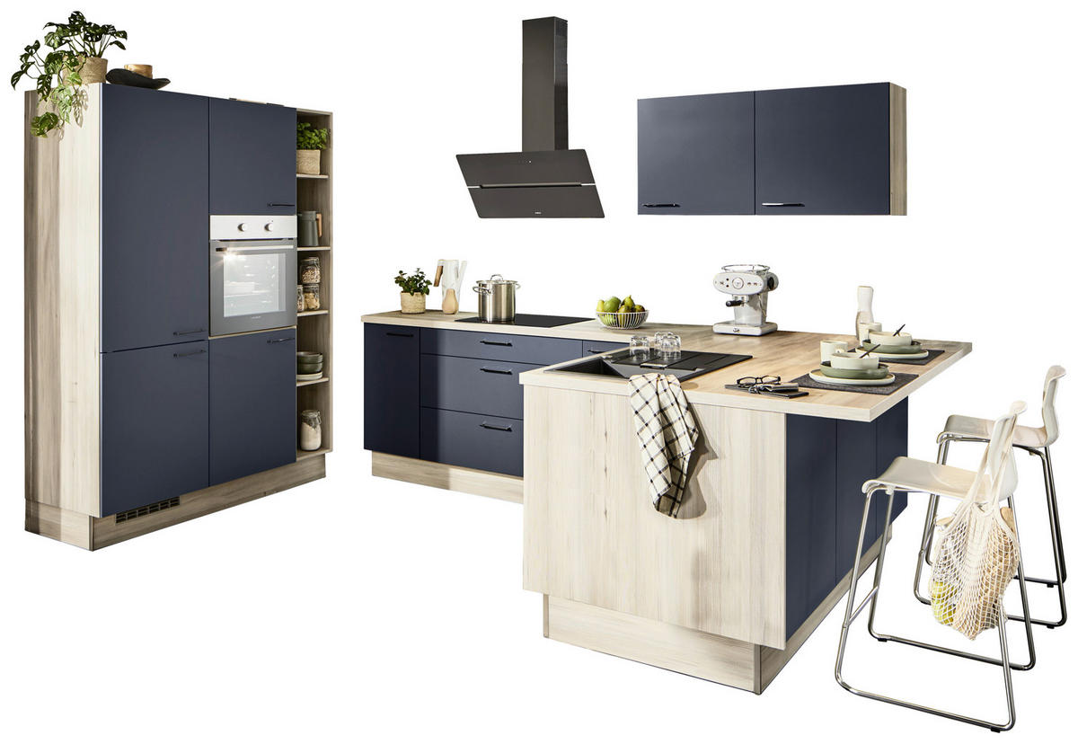 ECKKÜCHE  in Blau, Tannenholzfarben  - Blau/Tannenholzfarben, Design, Holzwerkstoff/Metall (150/280/121,6cm) - Xora