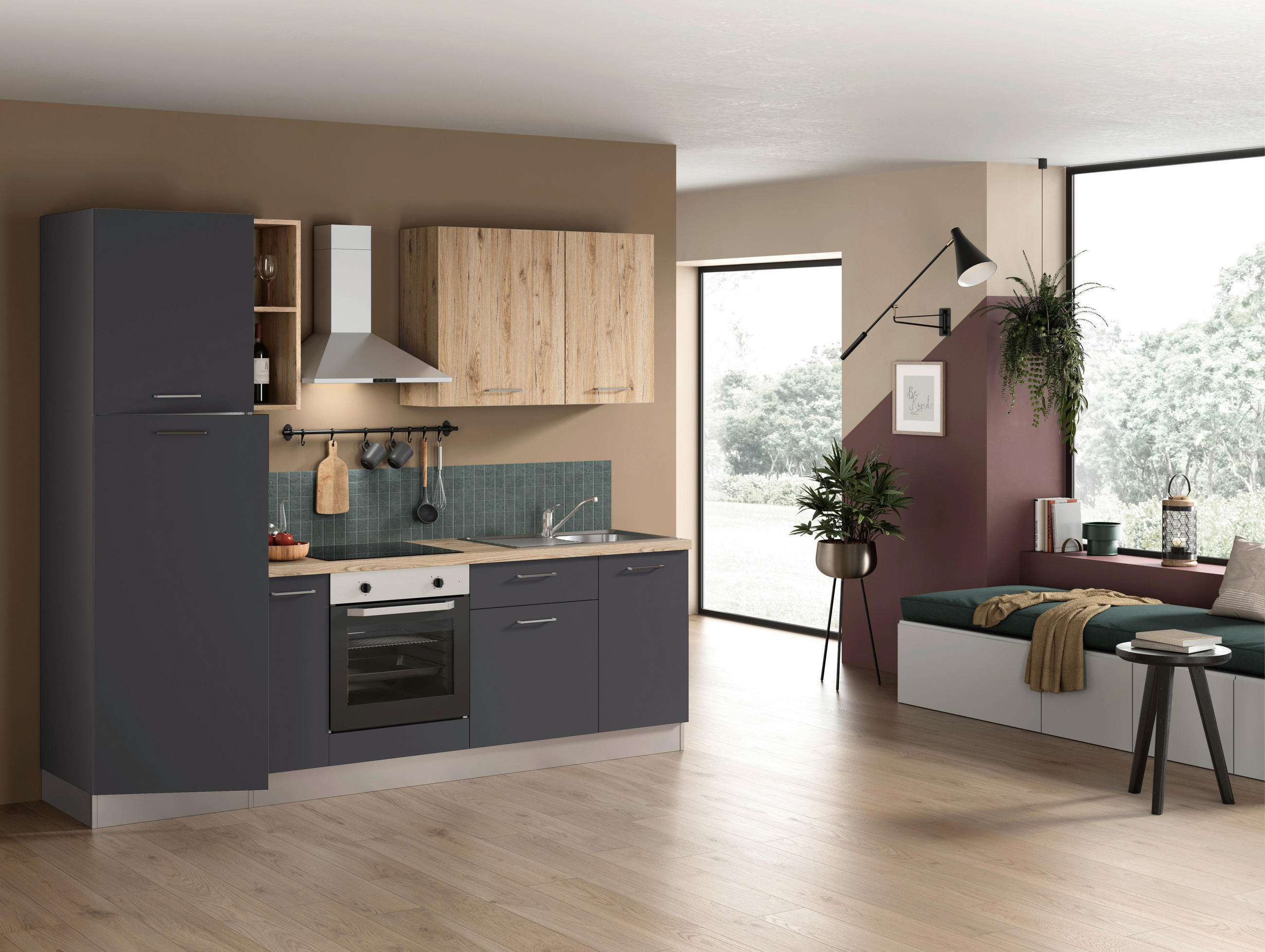 KÜCHENBLOCK 255 cm   in Anthrazit, Eichefarben  - Edelstahlfarben/Eichefarben, LIFESTYLE, Holzwerkstoff/Kunststoff (255cm) - MID.YOU