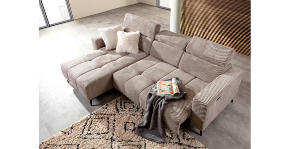 ECKSOFA Taupe Cord Rücken echt, Kopfteilverstellung, Sitzvorzug  - Taupe/Schwarz, KONVENTIONELL, Textil/Metall (170/257cm) - Carryhome