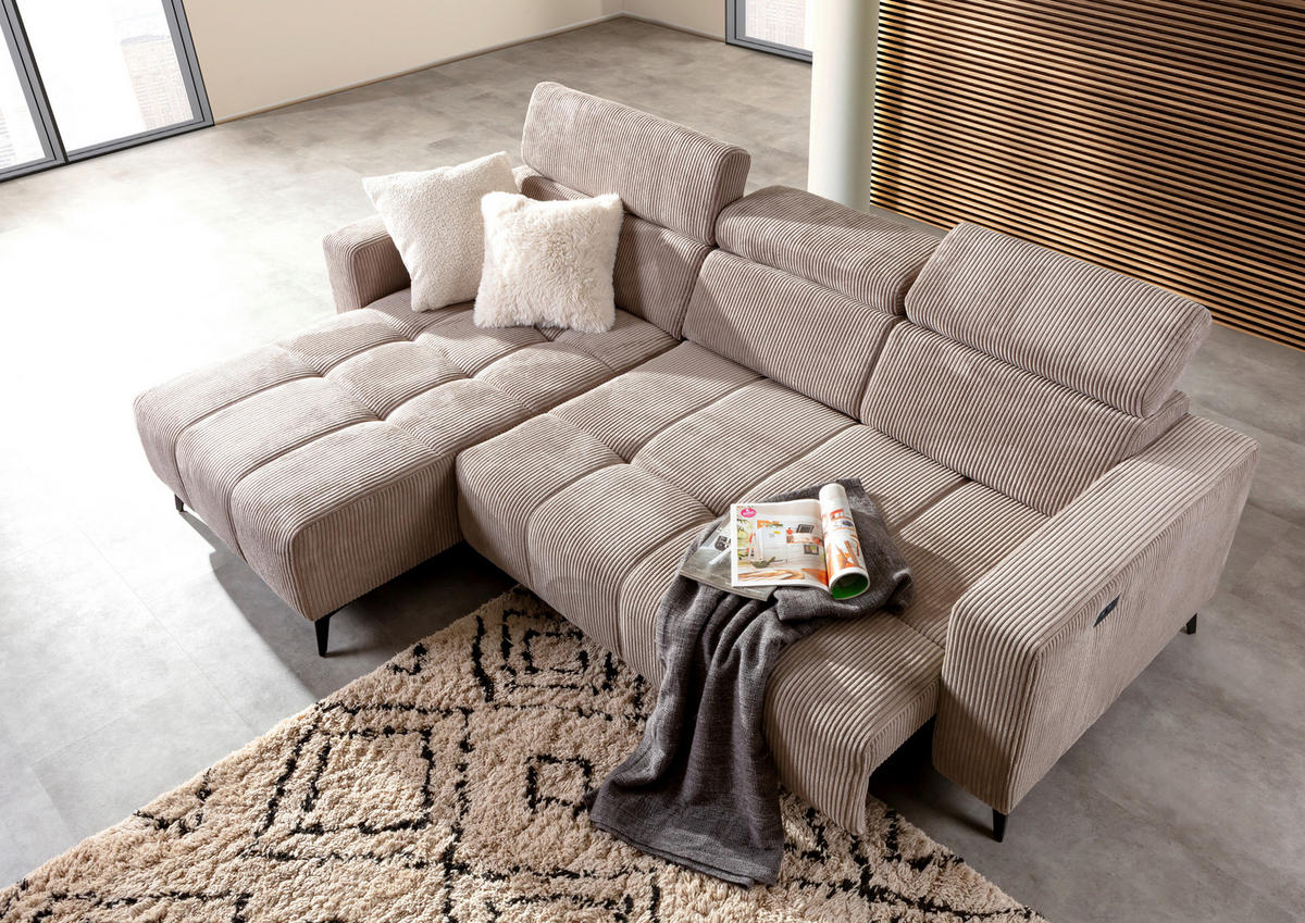 ECKSOFA Taupe Cord Rücken echt, Kopfteilverstellung, Sitzvorzug  - Taupe/Schwarz, KONVENTIONELL, Textil/Metall (170/257cm) - Carryhome