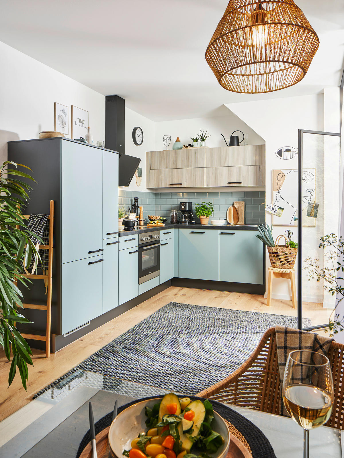 ECKKÜCHE 305/185 cm  in Eichefarben, Pastellblau  - Pastellblau/Eichefarben, Design, Holzwerkstoff/Metall (305/185cm) - Xora