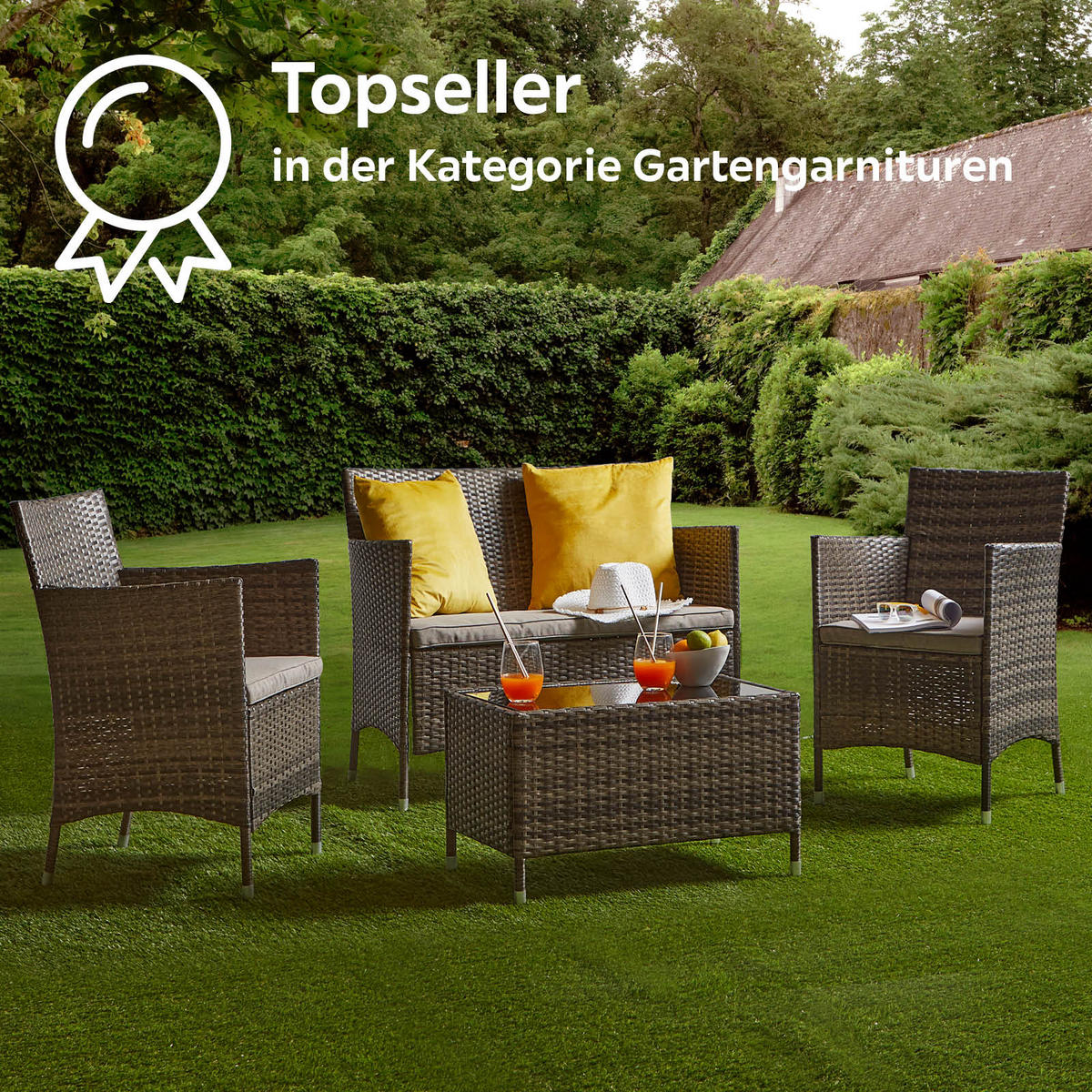 LOUNGEGARNITUR 4-teilig   Stahl  - Dunkelbraun/Creme, MODERN, Glas/Kunststoff - Ondega