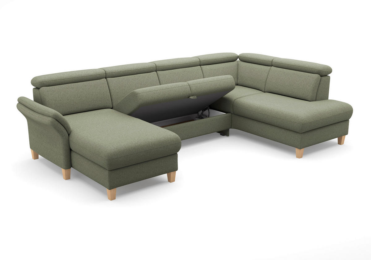 WOHNLANDSCHAFT GLENDALE E Olivgrün Flachgewebe  - Eichefarben/Olivgrün, KONVENTIONELL, Holz/Textil (166/321/193cm) - Sit & More