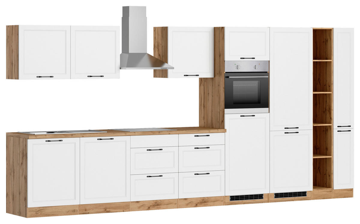 KÜCHENBLOCK 420 cm   in Weiss, Eiche Wotan  - Weiss/Eiche Wotan, Lifestyle, Holzwerkstoff/Metall (420cm) - Held