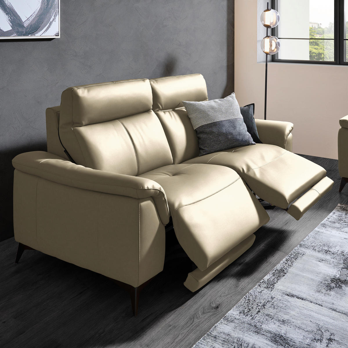 3-SITZER-SOFA Echtleder Ecru  - Ecru/Schwarz, Design, Leder/Metall (207/107/98cm) - Belluti