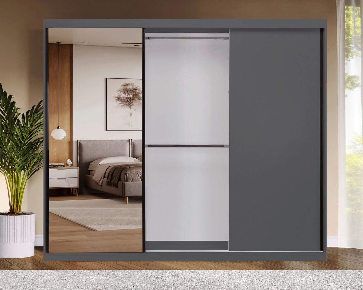 SCHIEBETÜRENSCHRANK 250/215/59,5 cm 3-türig Graphitfarben  - Graphitfarben/Schwarz, MODERN, Holzwerkstoff/Metall (250/215/59,5cm) - MID.YOU