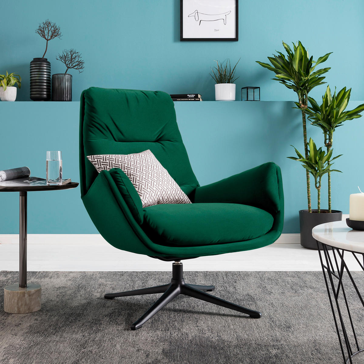 SESSEL in Samt Dunkelgrün  - Dunkelgrün/Schwarz, Design, Textil/Metall (83/94/97cm) - home24