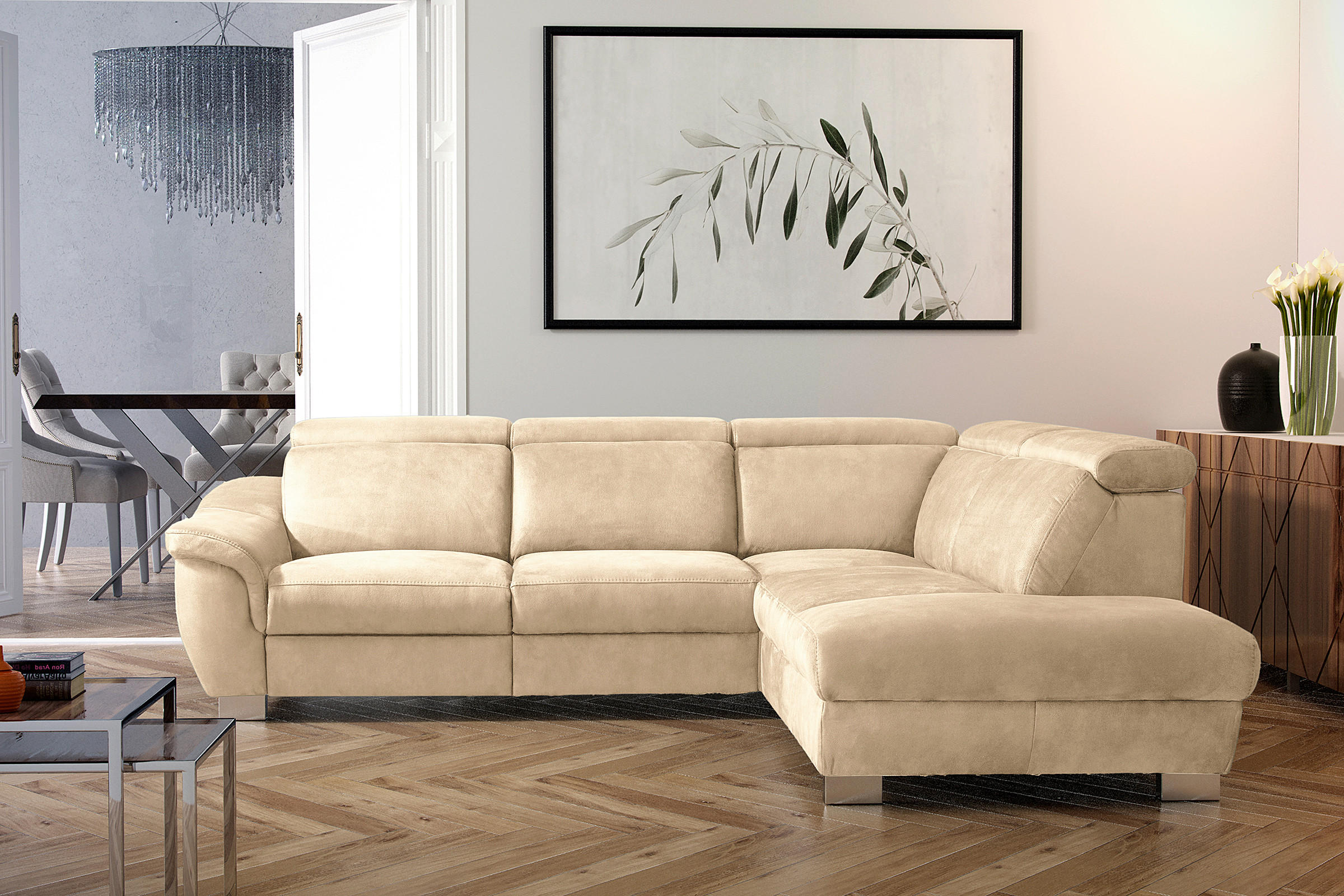 ECKSOFA Beige Mikrofaser Rücken echt, Relaxfunktion, Kopfteilverstellung  - Chromfarben/Beige, Design, Textil/Metall (276/238cm) - Livetastic