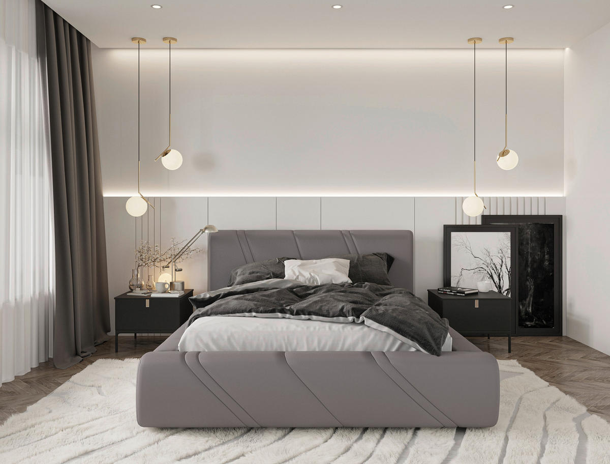 POLSTERBETT 140/200 cm,  in Hellgrau, gepolstertes Kopfteil, Lattenrost, Bettkasten,  - Hellgrau/Schwarz, Design, Holz/Kunststoff (140/200cm) - Chameo