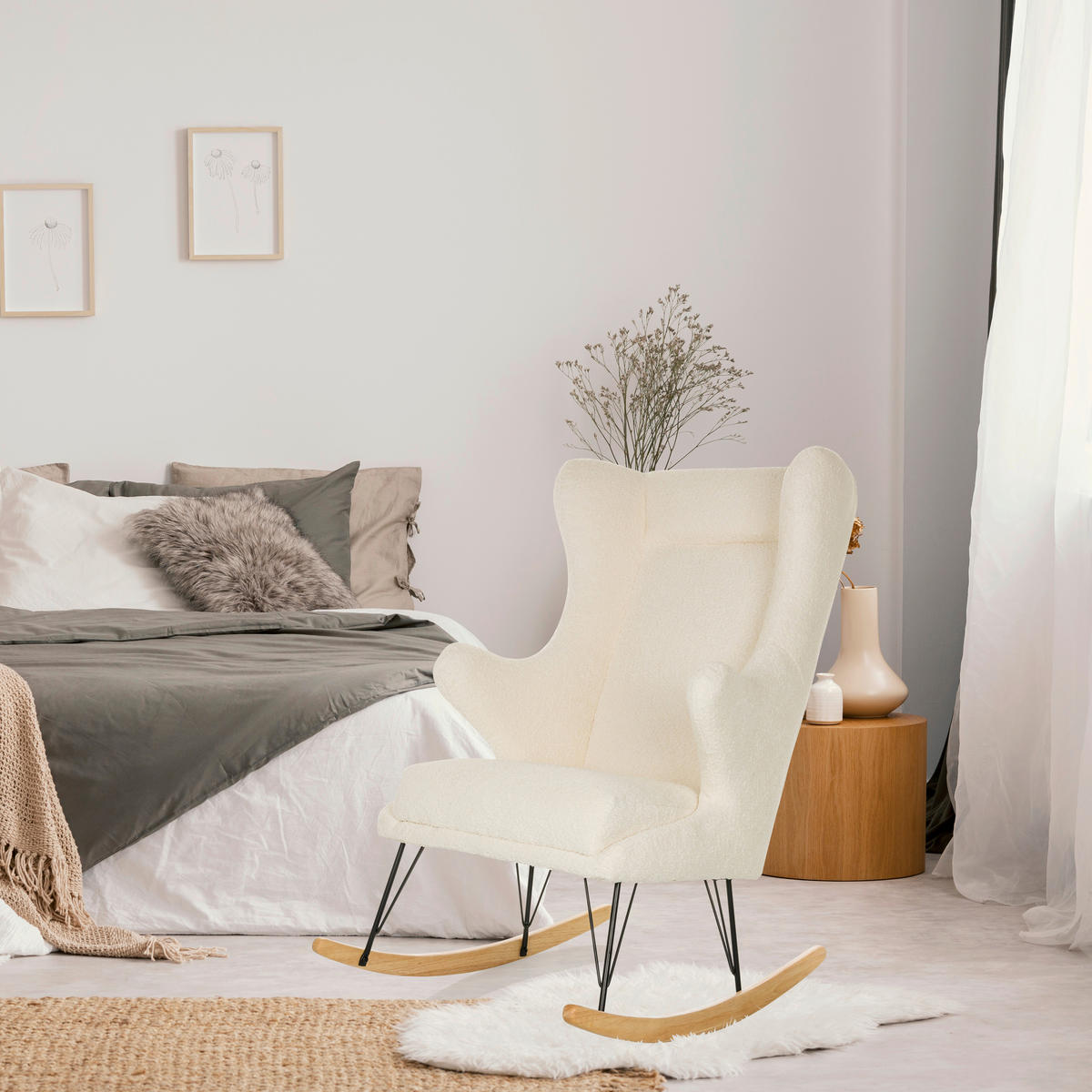 LOUNGESESSEL Bouclé Weiß    - Hellbraun/Schwarz, MODERN, Holz/Textil (68/110/90cm) - MID.YOU