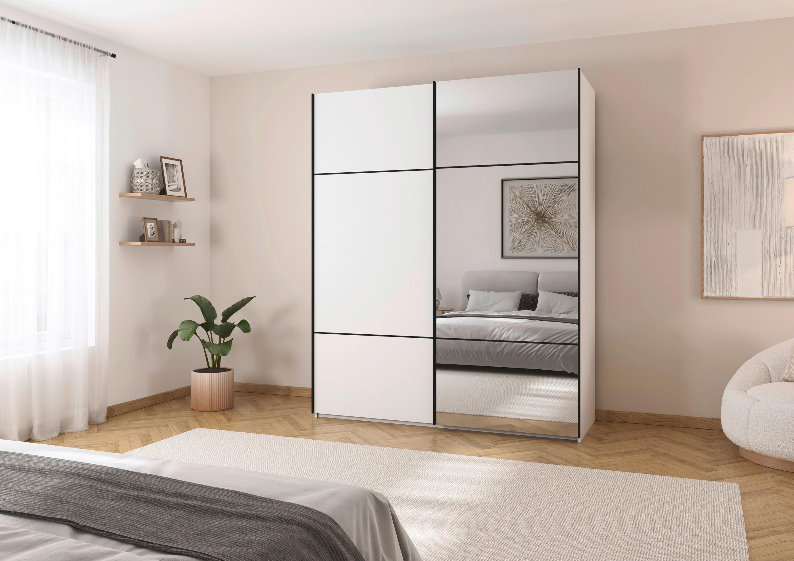 SCHWEBETÜRENSCHRANK in Weiss - Weiss/Beige, Konventionell, Glas/Holzwerkstoff (162/223/68cm) - Novel