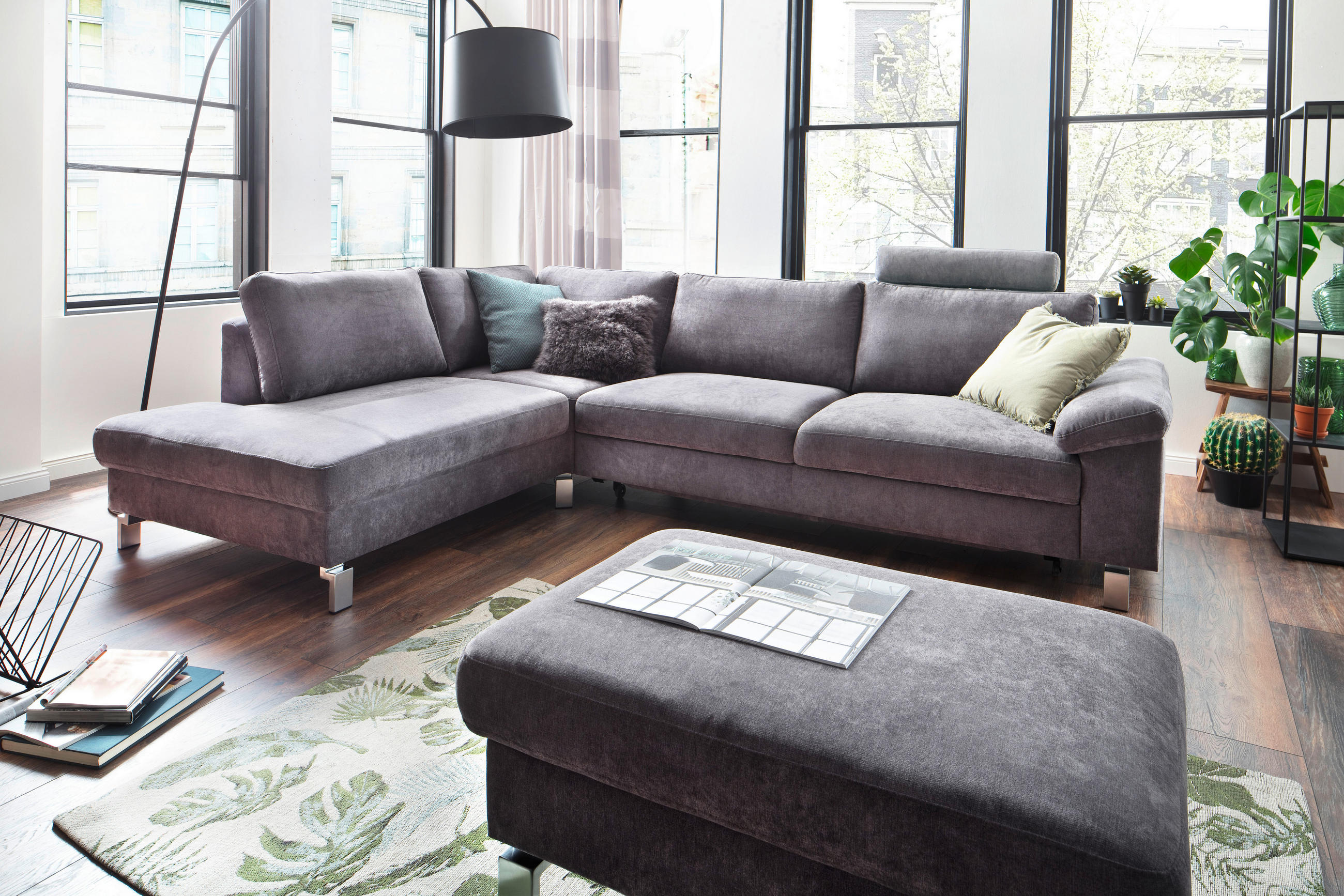 ECKSOFA Grau Velours  - Chromfarben/Grau, Design, Textil/Metall (200/281cm) - Hom`in