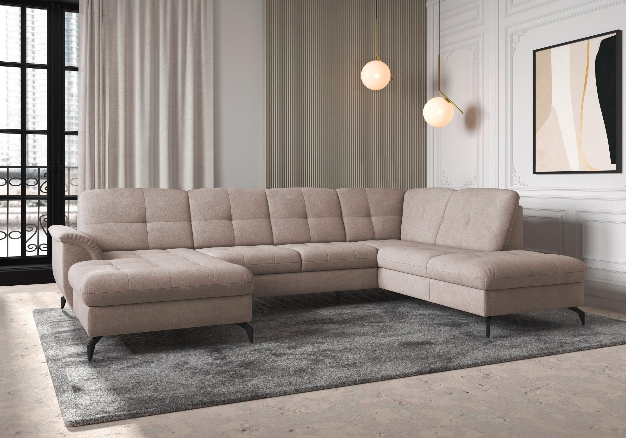 WOHNLANDSCHAFT in Flachgewebe Greige  - Greige/Schwarz, Modern, Textil/Metall (164/319/212cm) - Sit & More