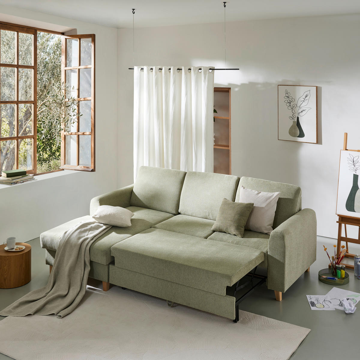 ECKSOFA Hellgrün Flachgewebe  - Buchefarben/Hellgrün, KONVENTIONELL, Holz/Textil (166/241cm) - Carryhome