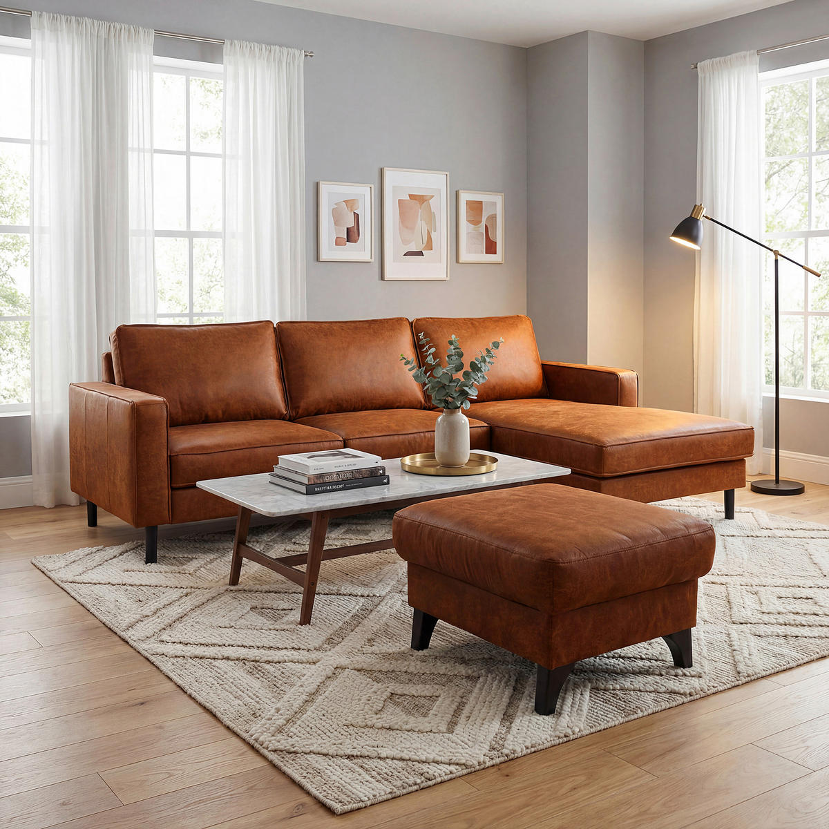 HOCKER Lederlook Echtleder Cognac  - Cognac, Design, Leder/Textil (70/48/60cm) - Livetastic