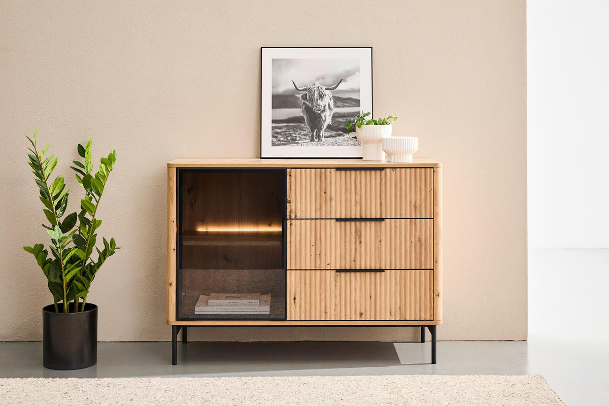 SIDEBOARD  114/82/40 cm 3 Schublade(n)  - Schwarz/Eiche Artisan, Design, Glas/Holzwerkstoff (114/82/40cm) - MID.YOU