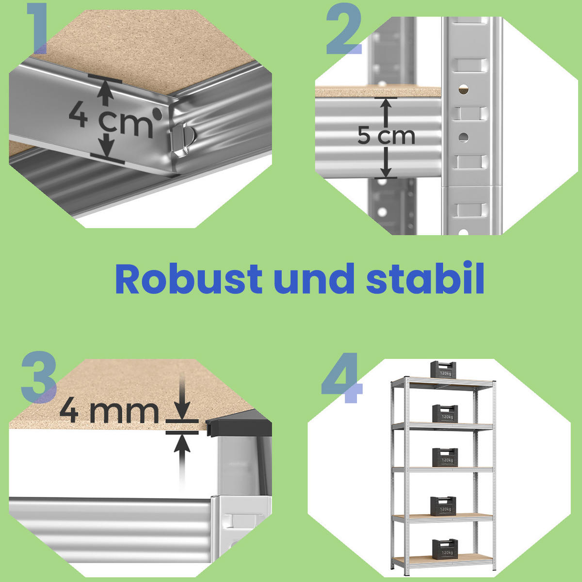 REGÁL NA TĚŽKÉ NÁKLADY - barvy stříbra/světle hnědá, Basics, kov/kompozitní dřevo (100/200/50cm)