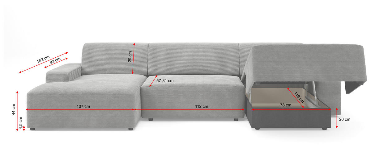 WOHNLANDSCHAFT in Struktur Anthrazit  - Anthrazit/Schwarz, Modern, Kunststoff/Textil (162/329/162cm) - Trendmanufaktur