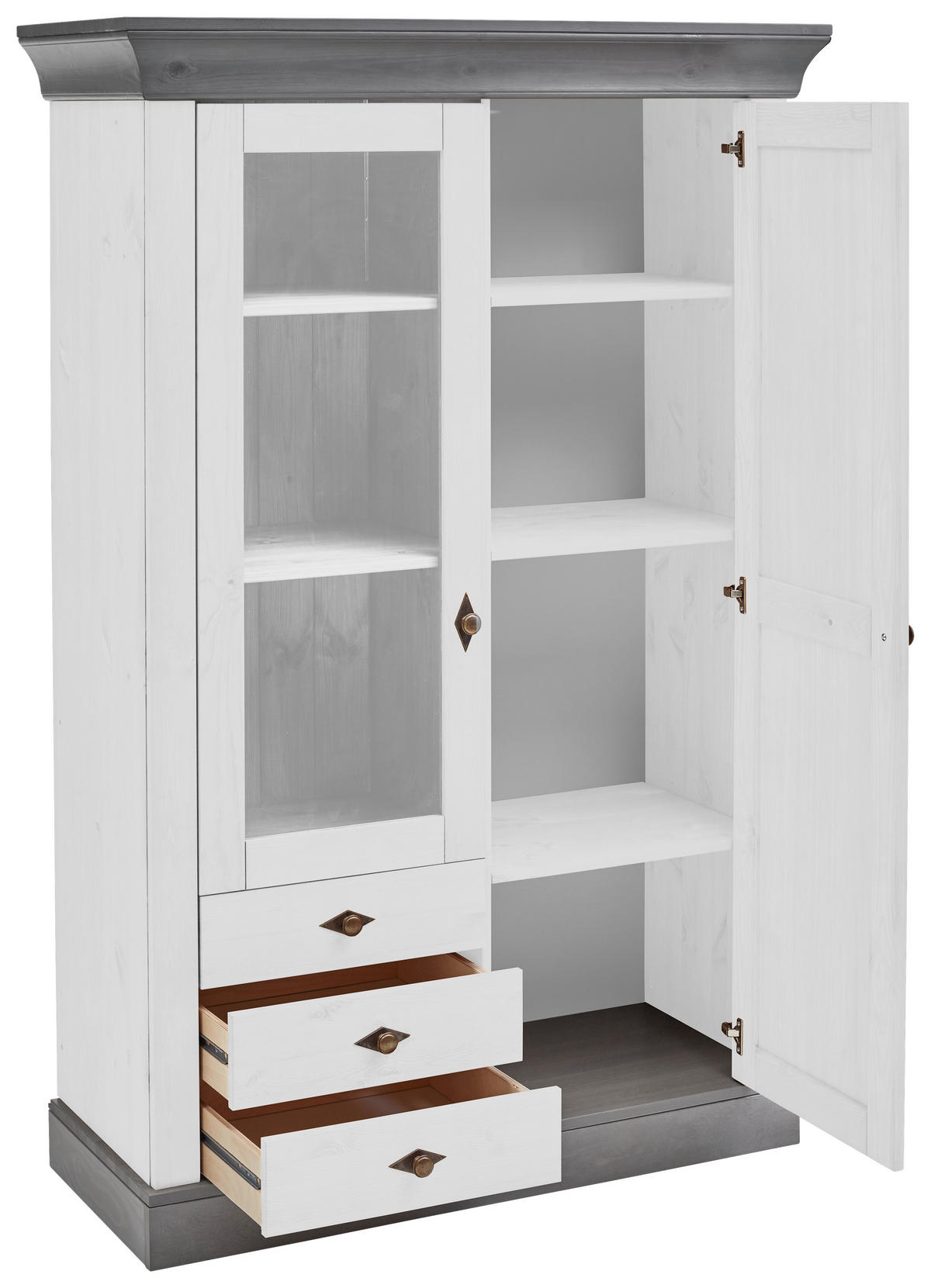VITRINE in massiv Kiefer Grau, Weiß  - Weiß/Grau, ROMANTIK / LANDHAUS, Glas/Holz (108/163/45cm) - Boxxx