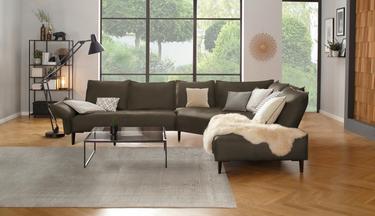 ECKSOFA in Echtleder Dunkelgrün  - Dunkelgrün/Schwarz, Design, Leder/Metall (340/272cm) - W.Schillig