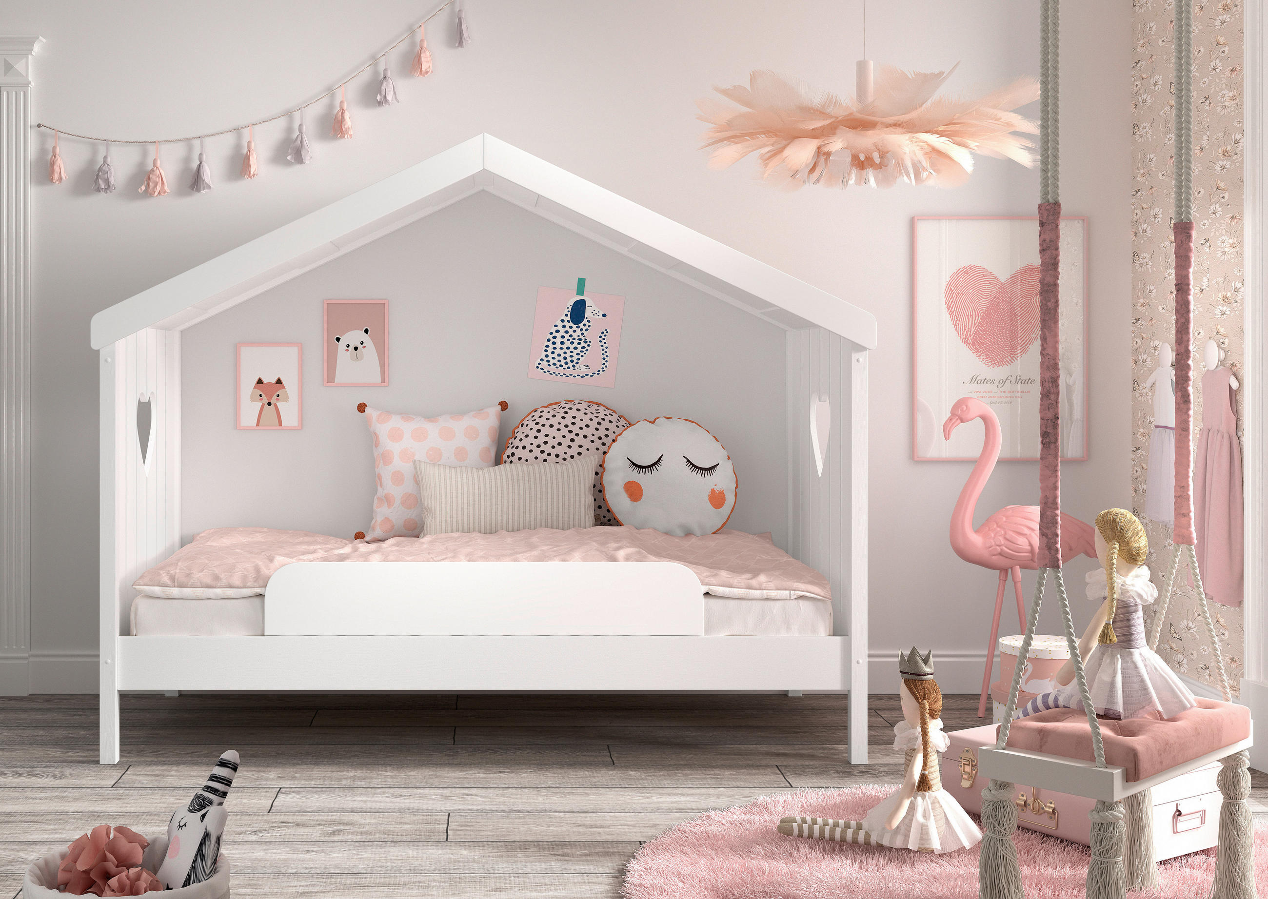 HAUSBETT 90/200 cm,  in Weiß, Absturzsicherung, Rollrost  - Weiß, Natur, Holz (90/200cm) - Vipack