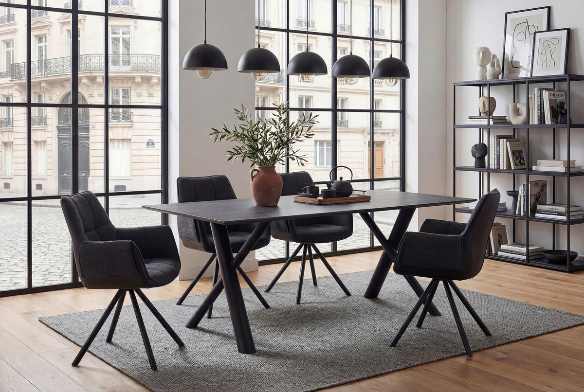 ESSTISCH 180/90/76 cm  Metall, Stein rechteckig Schwarz, Dunkelgrau  - Dunkelgrau/Schwarz, MODERN, Stein/Metall (180/90/76cm) - Livetastic