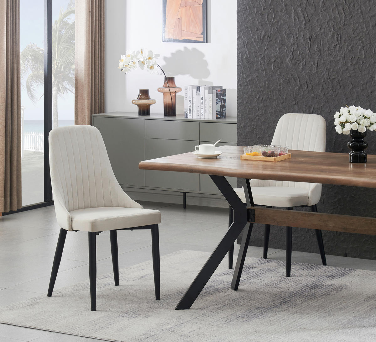 STUHL-SET 2 Stück  in Webstoff  - Creme/Schwarz, MODERN, Textil/Metall (44/88/58cm) - MID.YOU